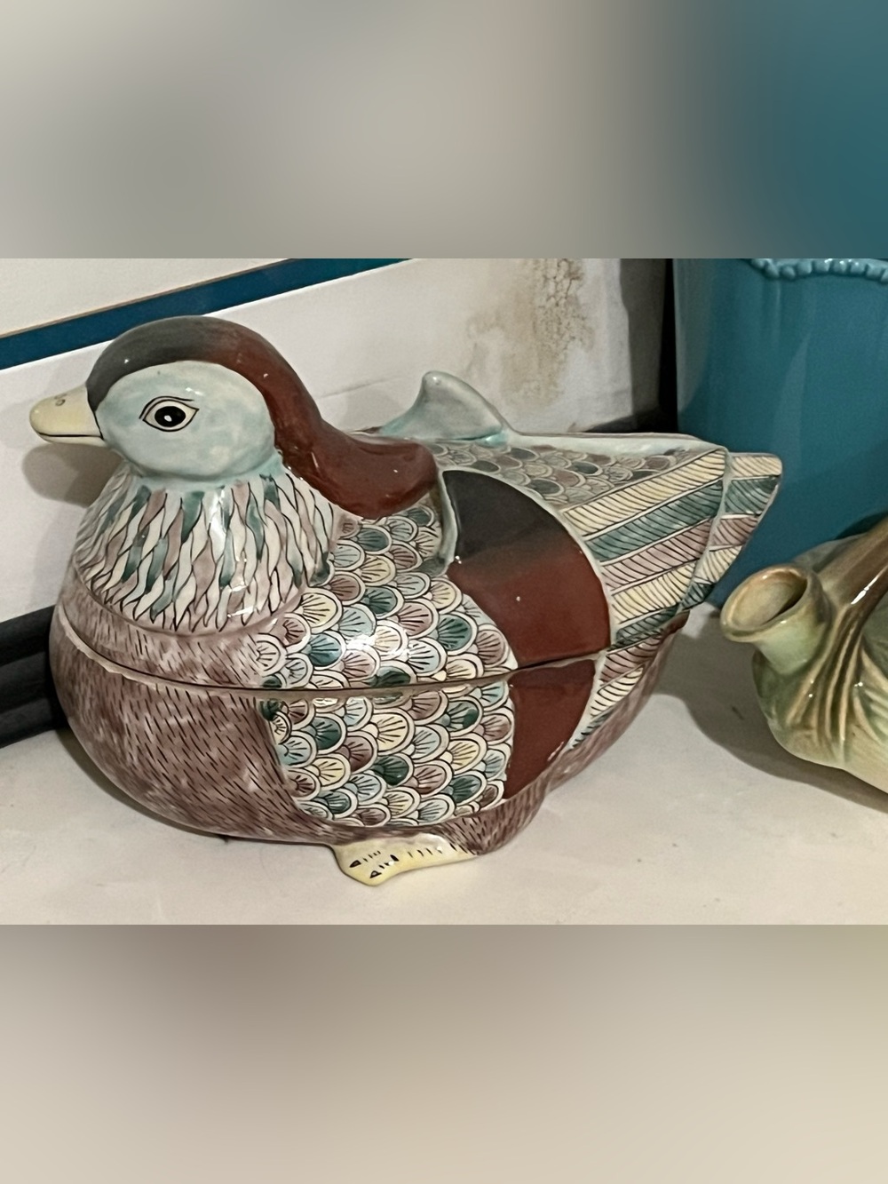 Ceramic Decorative Duck Figurine in Muted Teal, Brown and Cream